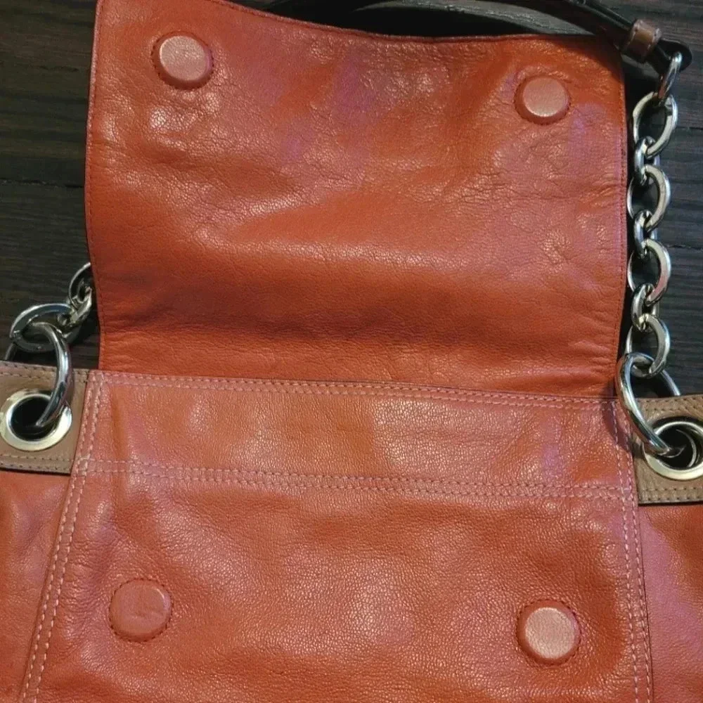 MILLY Orange tan soft leather gold chain link shoulder bag purse contemporary